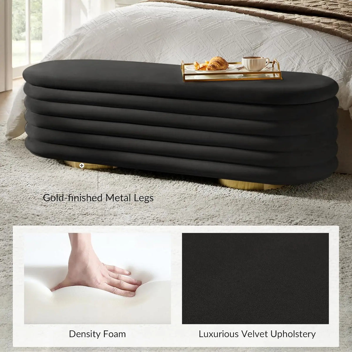 Velvet Storage Bench With Button Tufting