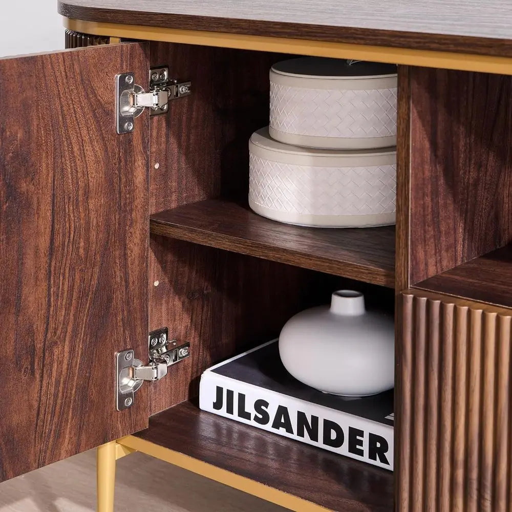 Modern Fluted TV Stand With Faux Marble Top And Storage
