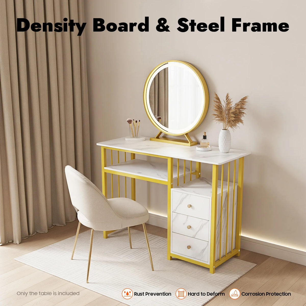 Three Drawer Manicure Table Nail Desk Makeup Vanity Marble Finish Steel Frame