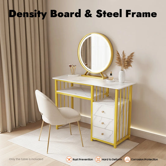 Three Drawer Manicure Table Nail Desk Makeup Vanity Marble Finish Steel Frame