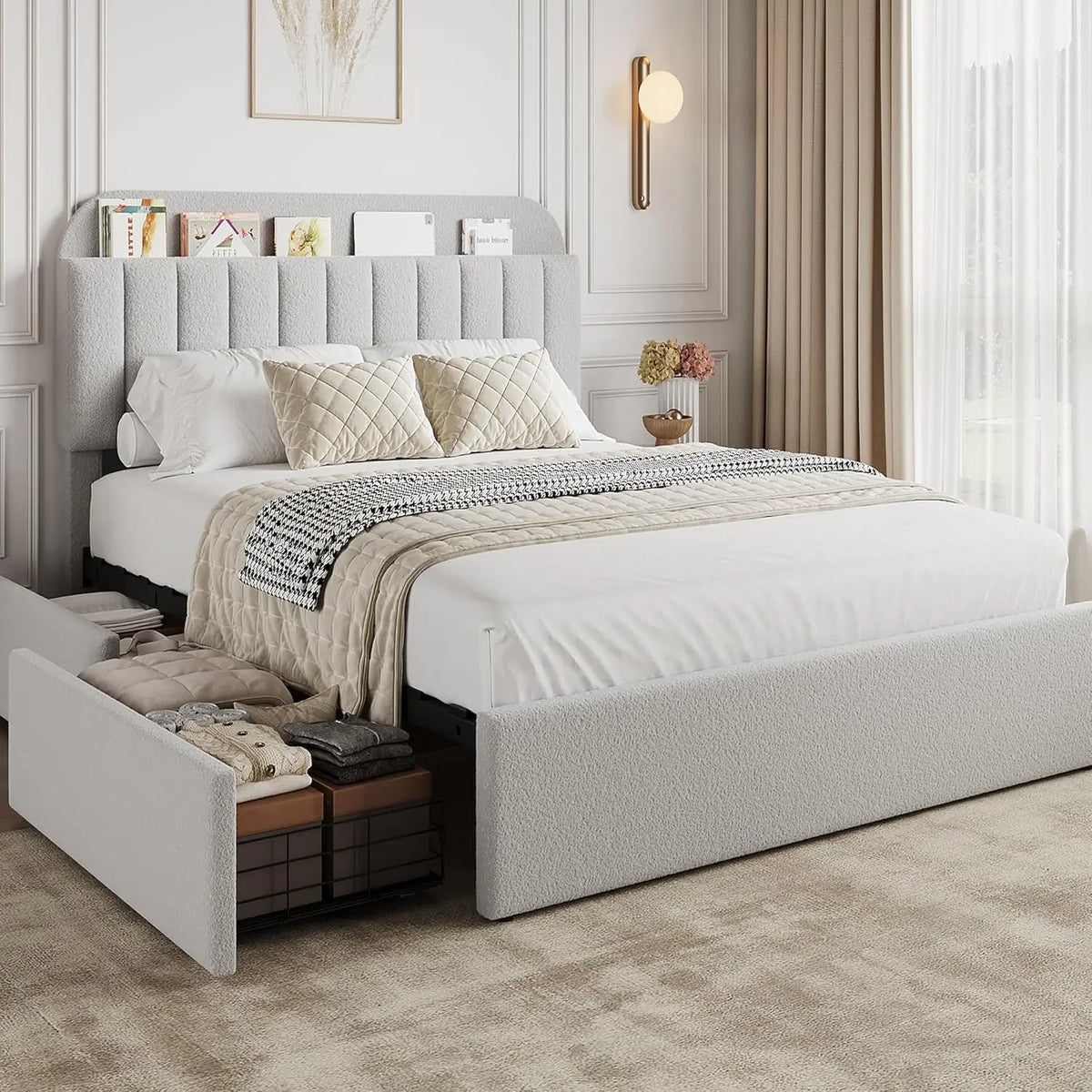 GAOMON Upholstered Bed With Headboard, Storage Drawers And Display Shelf