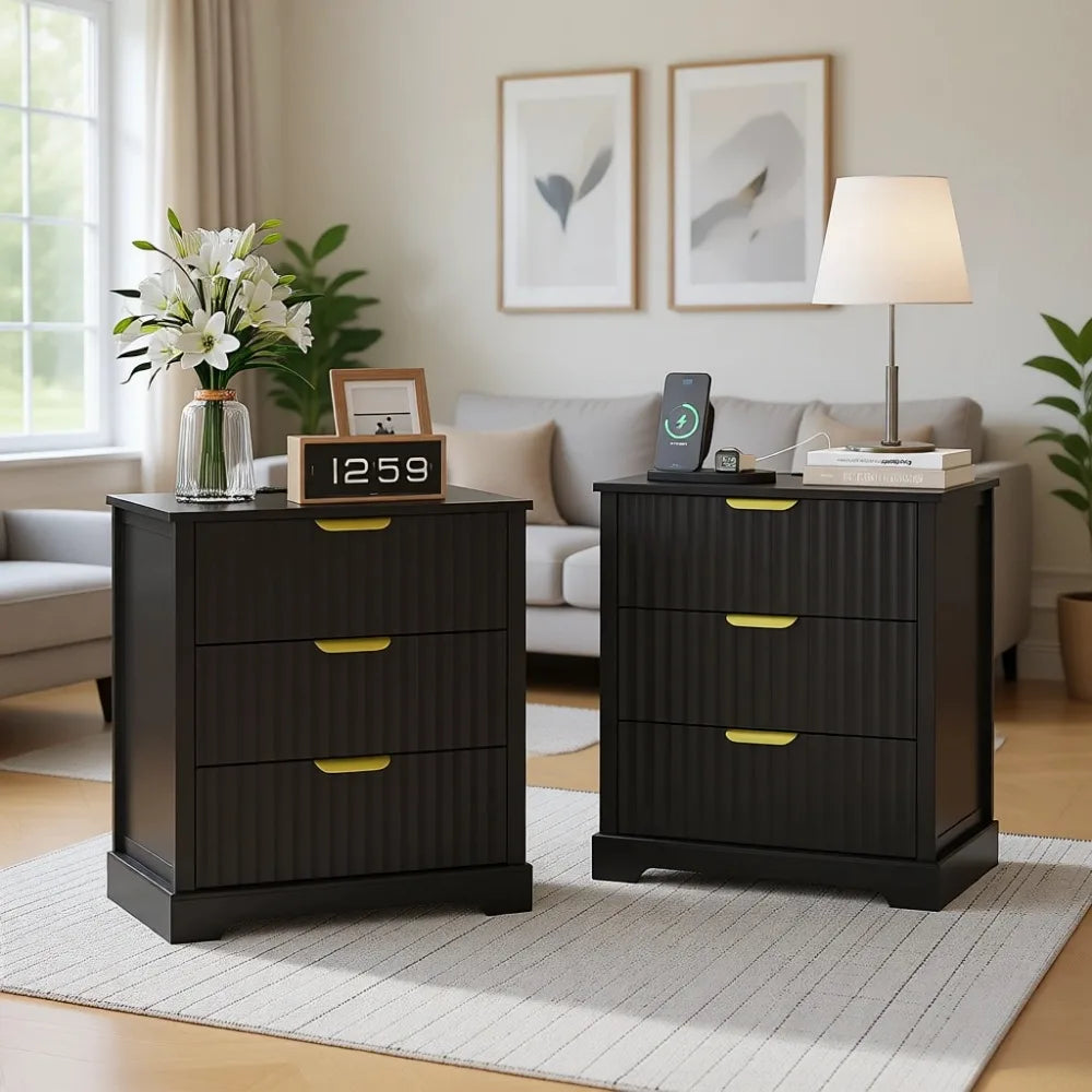 Modern Fluted Nightstands Set Of 2 With 3 Drawers Storage