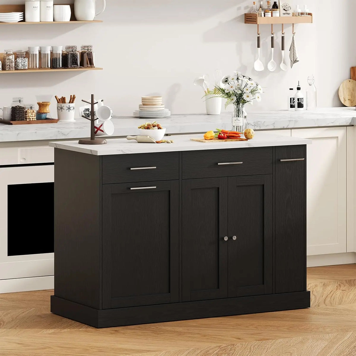 Kitchen Island Cart With Trash Cabinet And Spice Rack And Towel Rack On Wheels
