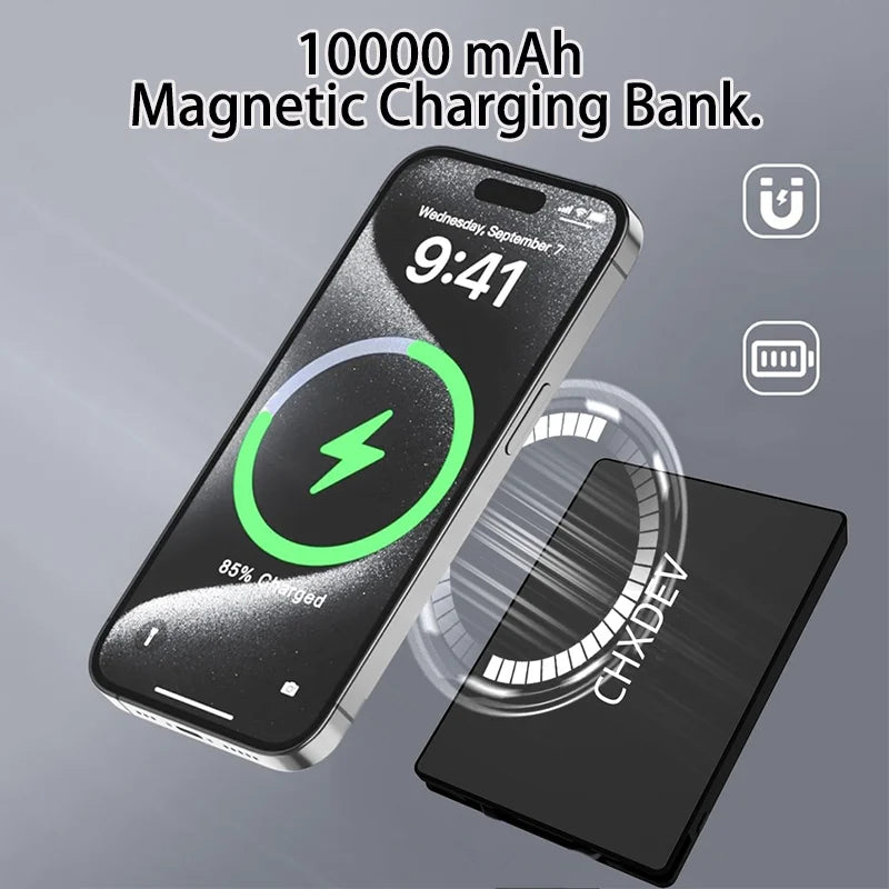 10000/5000mAh magnetic power bank, ultra-thin mini power bank, portable charger, supports fast charging, comes with data cable, available in black, white, and blue.