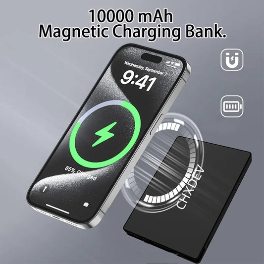10000/5000mAh magnetic power bank, ultra-thin mini power bank, portable charger, supports fast charging, comes with data cable, available in black, white, and blue.