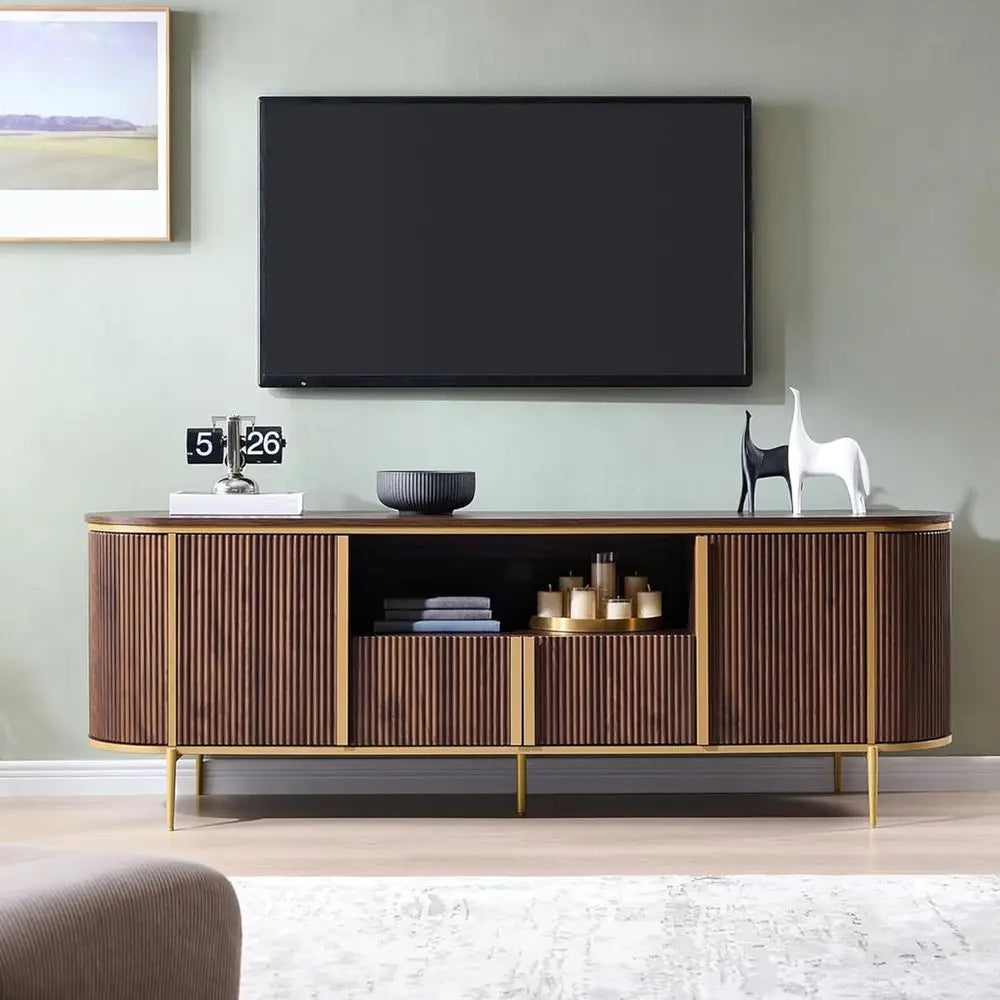 Modern Fluted TV Stand With Faux Marble Top And Storage