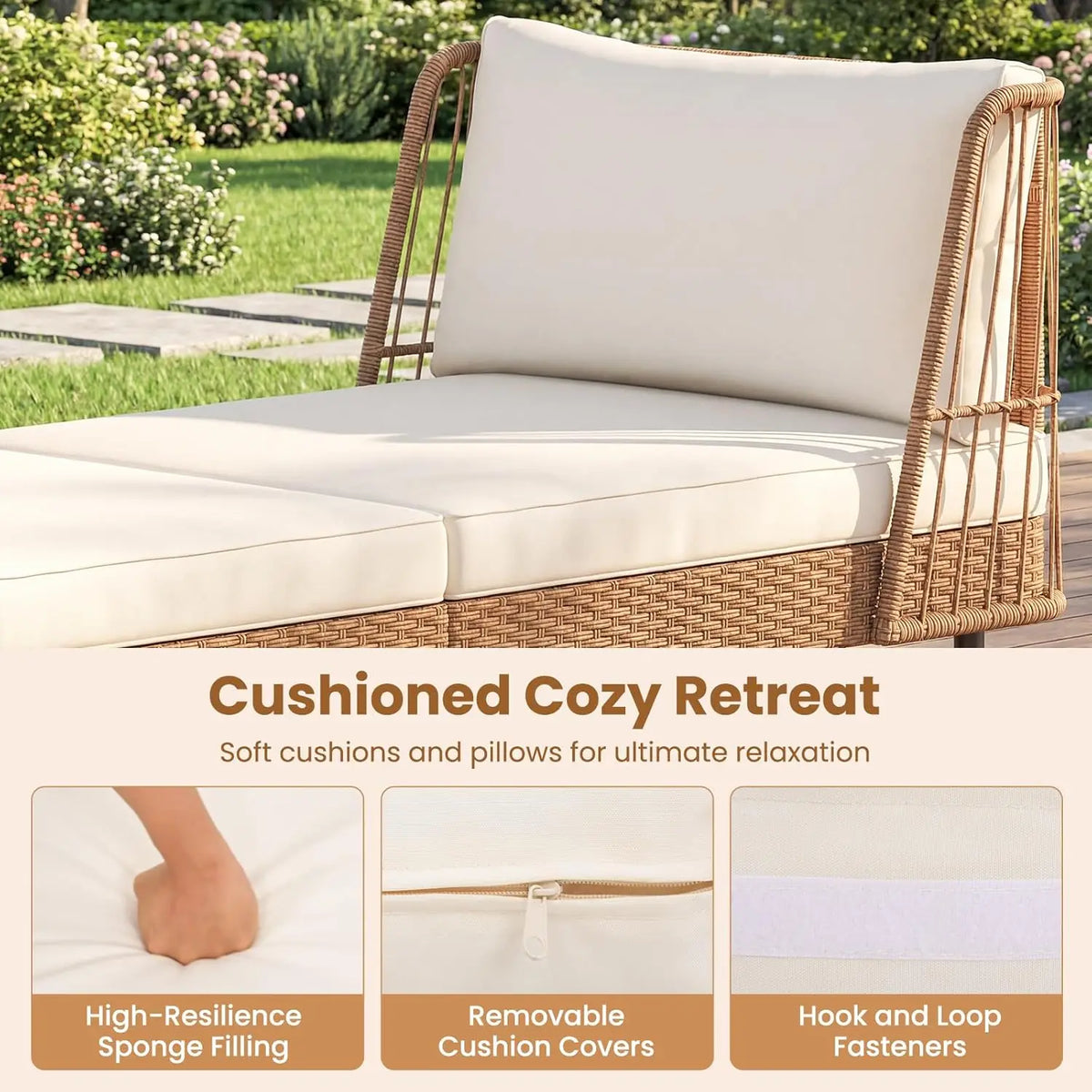 2 Seater Outdoor Rattan Daybed Sofa with Armrests Cushions Pillows Boho Loveseat for Porch Backyard Garden Poolside, Customized