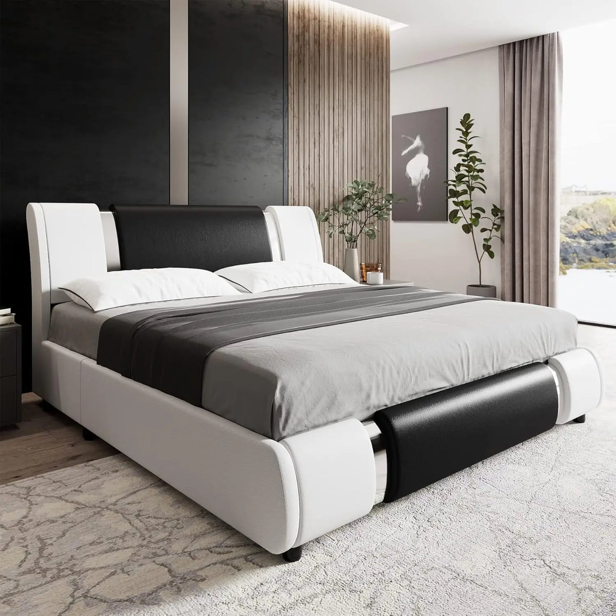 Faux Leather Platform Bed With Adjustable Headboard And Wood Slats