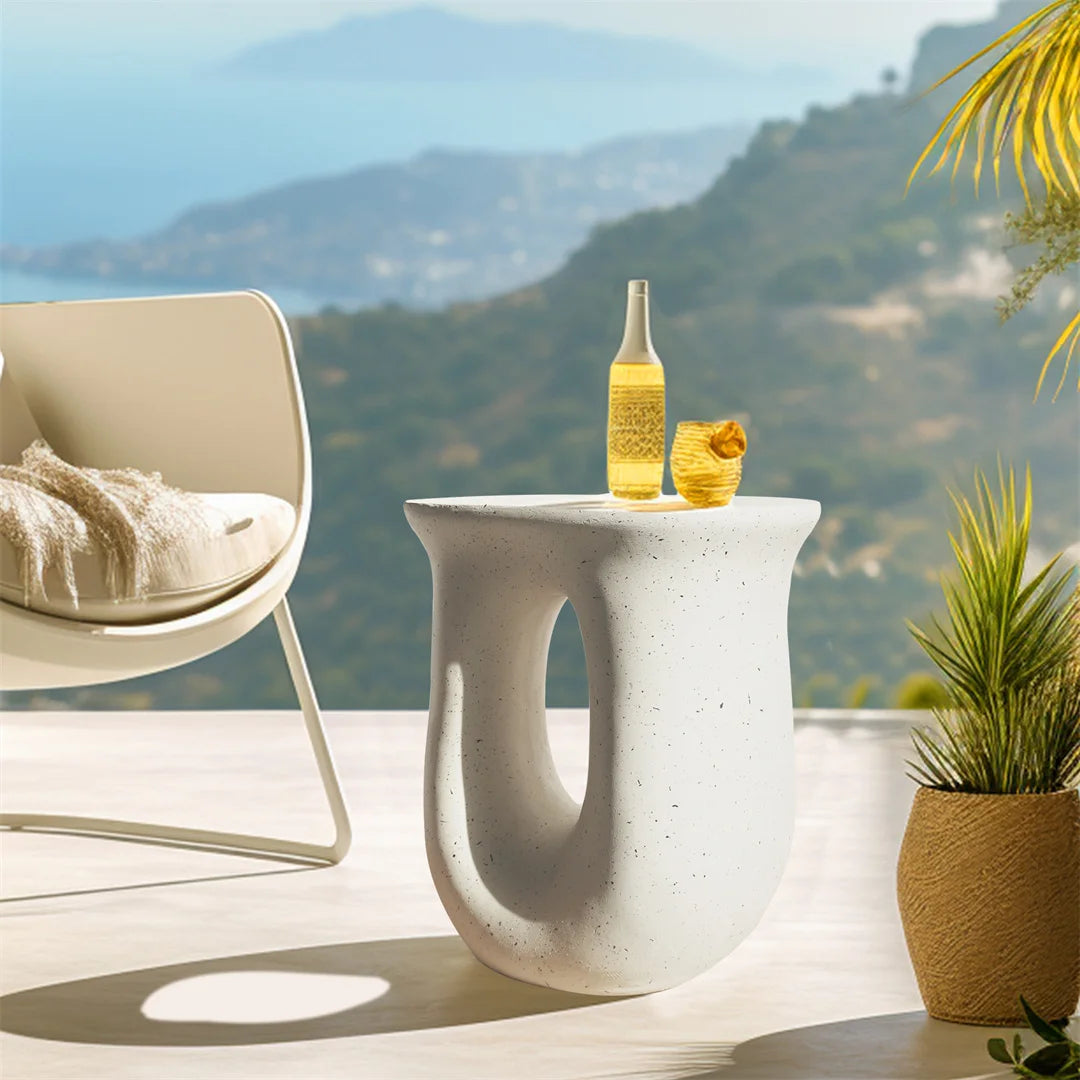 LUVODI Modern U-Shaped Geometric Concrete Accent Table Lightweight Garden Stool Decorative Side Table for Indoor And Outdoor Use
