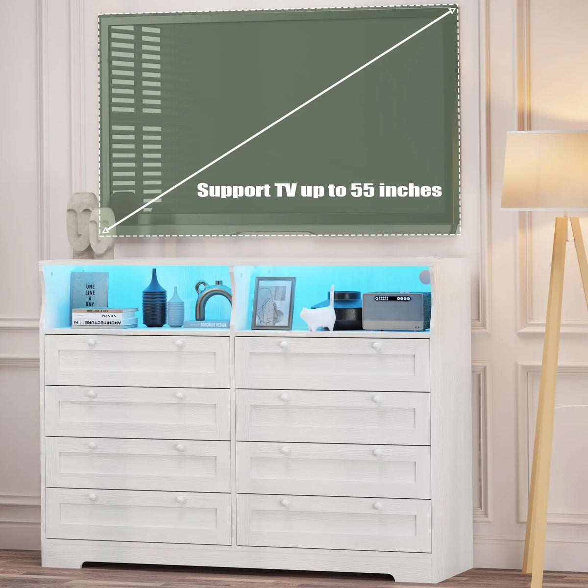 HiMISS Wood Dresser With LED Lights Charging Station And Shelves