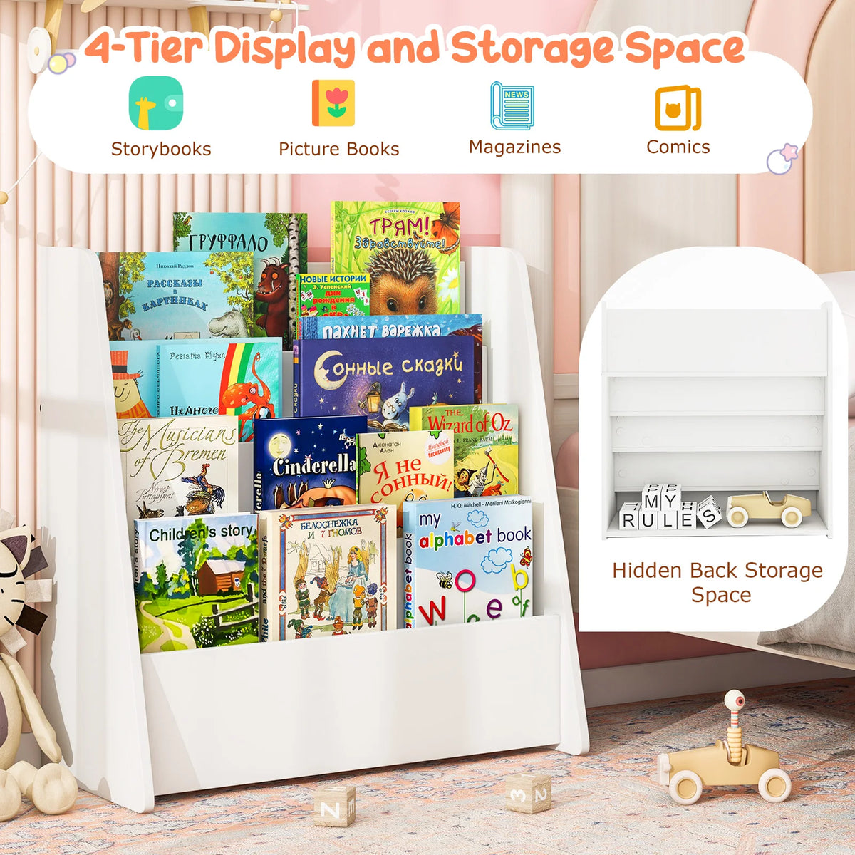 4-tier Kids Wooden Bookshelf Toddlers Book Rack w/ Deep Shelves Natural