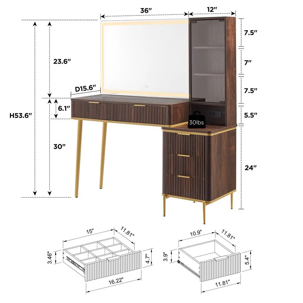 XMSJ Fluted Makeup Vanity Desk With Lighted Mirror And Storage