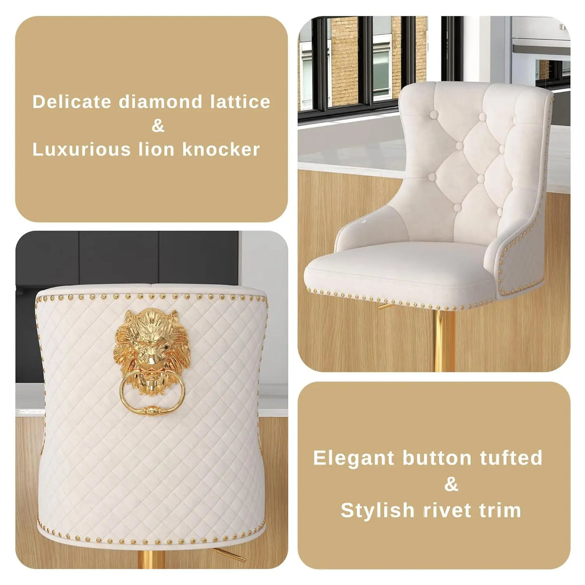 Velvet Bar Stool Set 2 Swivel Counter Height Adjustable Nailhead Gold Metal Base Kitchen Dining, Custom