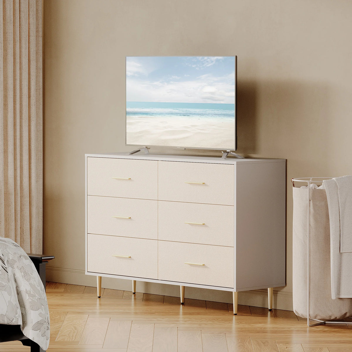 Modern Six Drawer Dresser With Gold Metal Legs and Handles