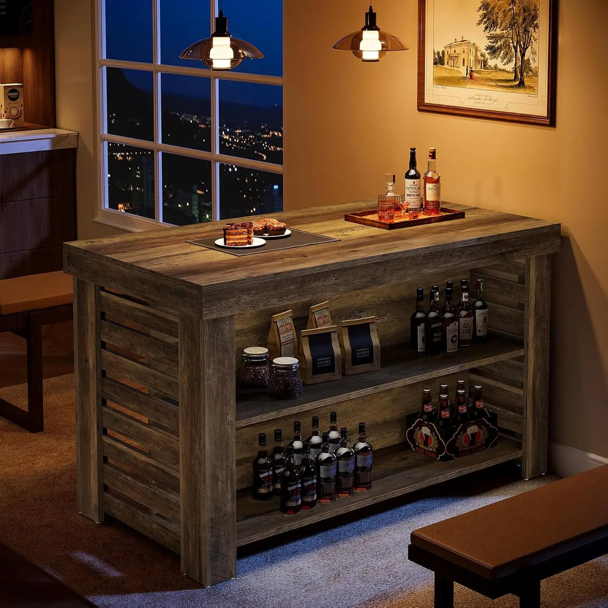 Kitchen Island With Seating, Farmhouse Wood Table And Storage Shelves