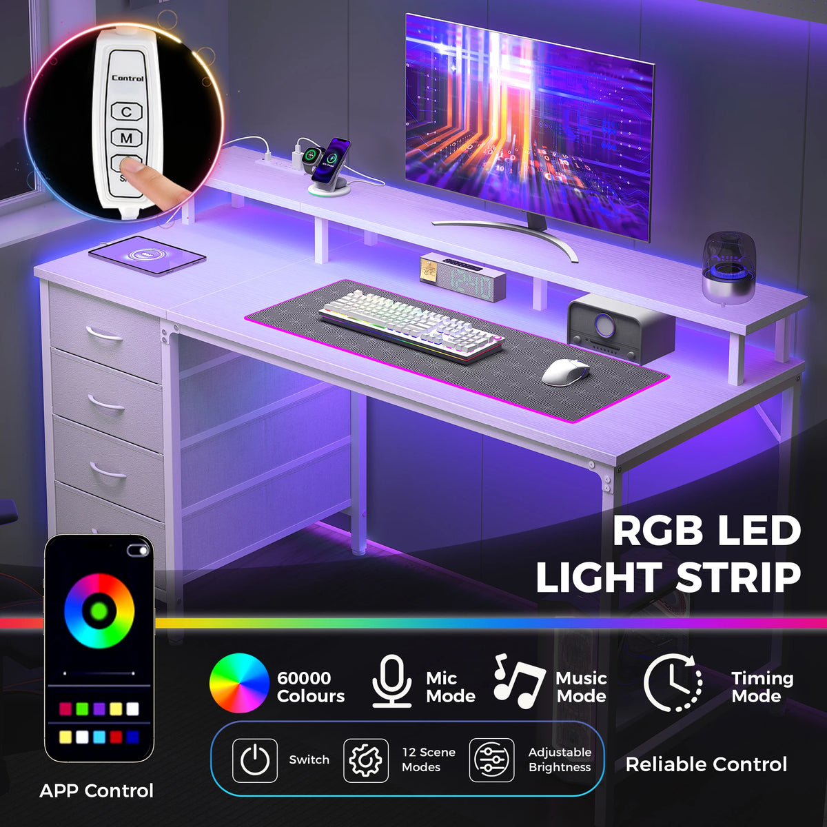 JHK Gaming Desk With Storage Drawers Power Outlets And LED Lights