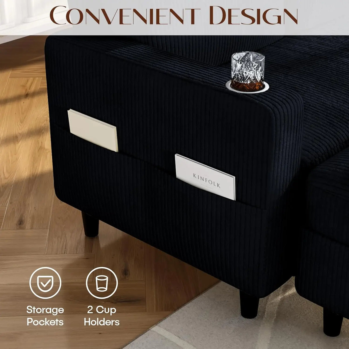 Convertible Sectional Sofa With Storage Ottoman And Cup Holders