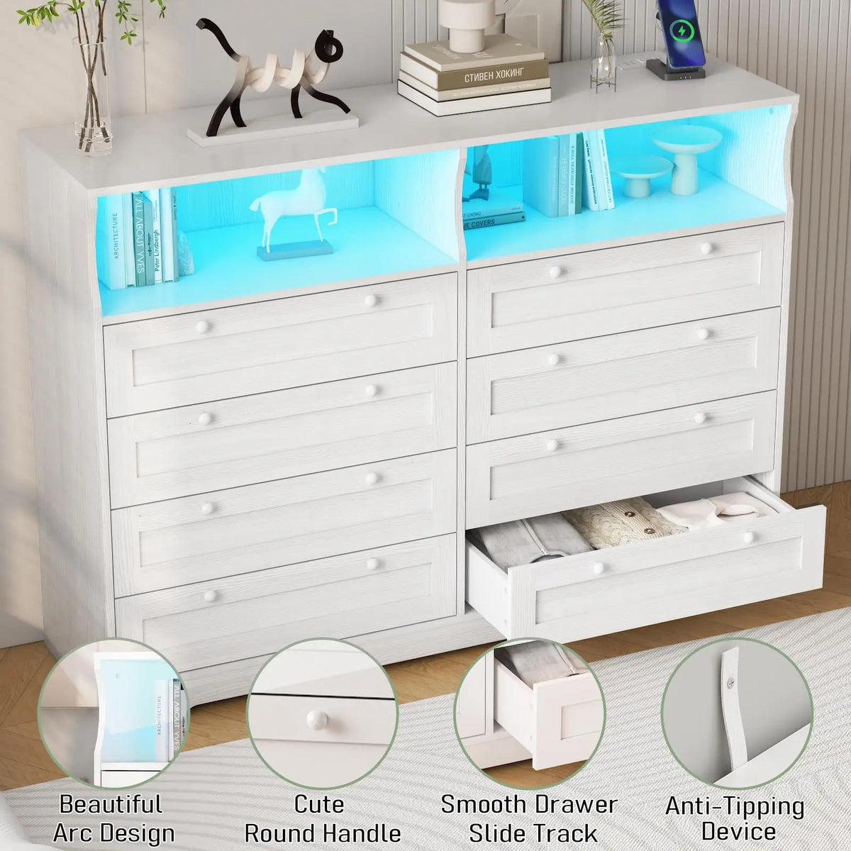 HiMISS Wood Dresser With LED Lights Charging Station And Shelves