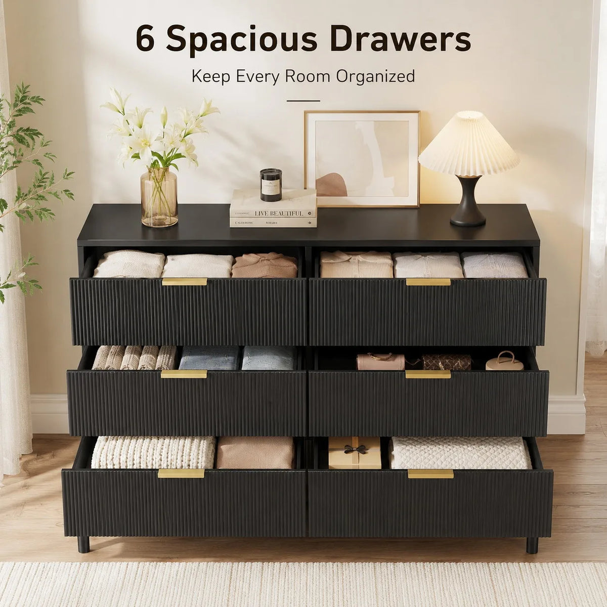 ANIXOL Fluted Six Drawer Dresser With Metal Legs And Storage