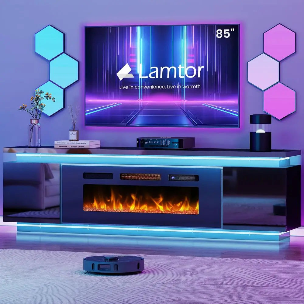 XMSJ Farmhouse Fireplace TV Stand Entertainment Center With LED Lights