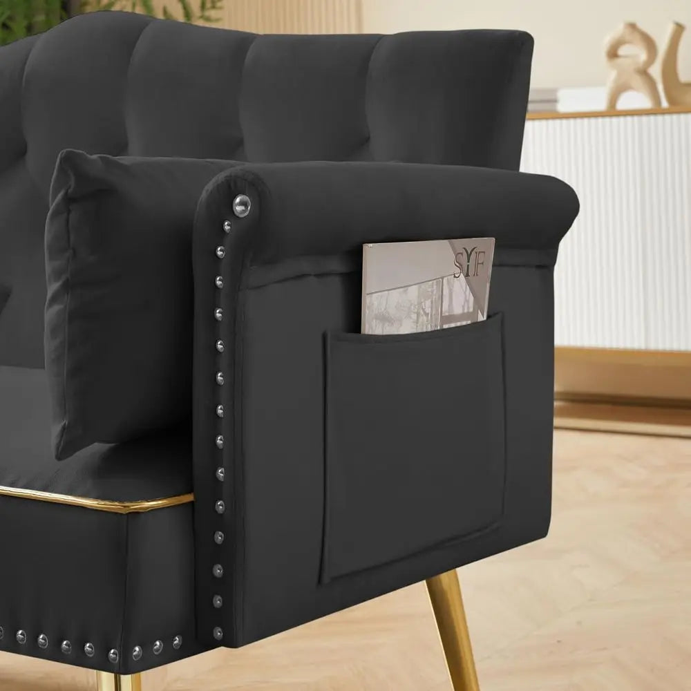 55-Inch ern Velvet Loveseat Soa with Gold Metal Legs & Side kets, Tuted Backrest, Perect or Living Room, Bedroom, or Oice (Black