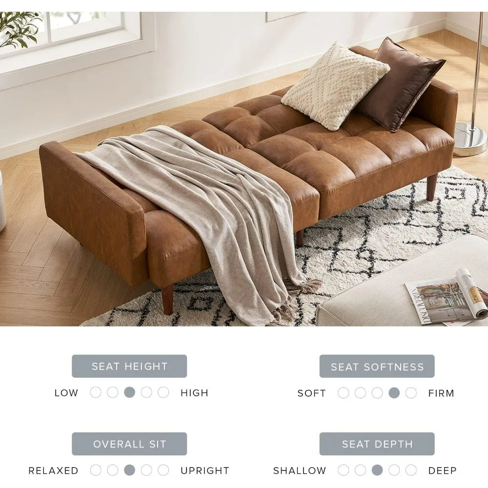 mopio 76.4" Mid Century Futon Sofa Bed PU Leather Loveseat Living Room Pecan Brown
