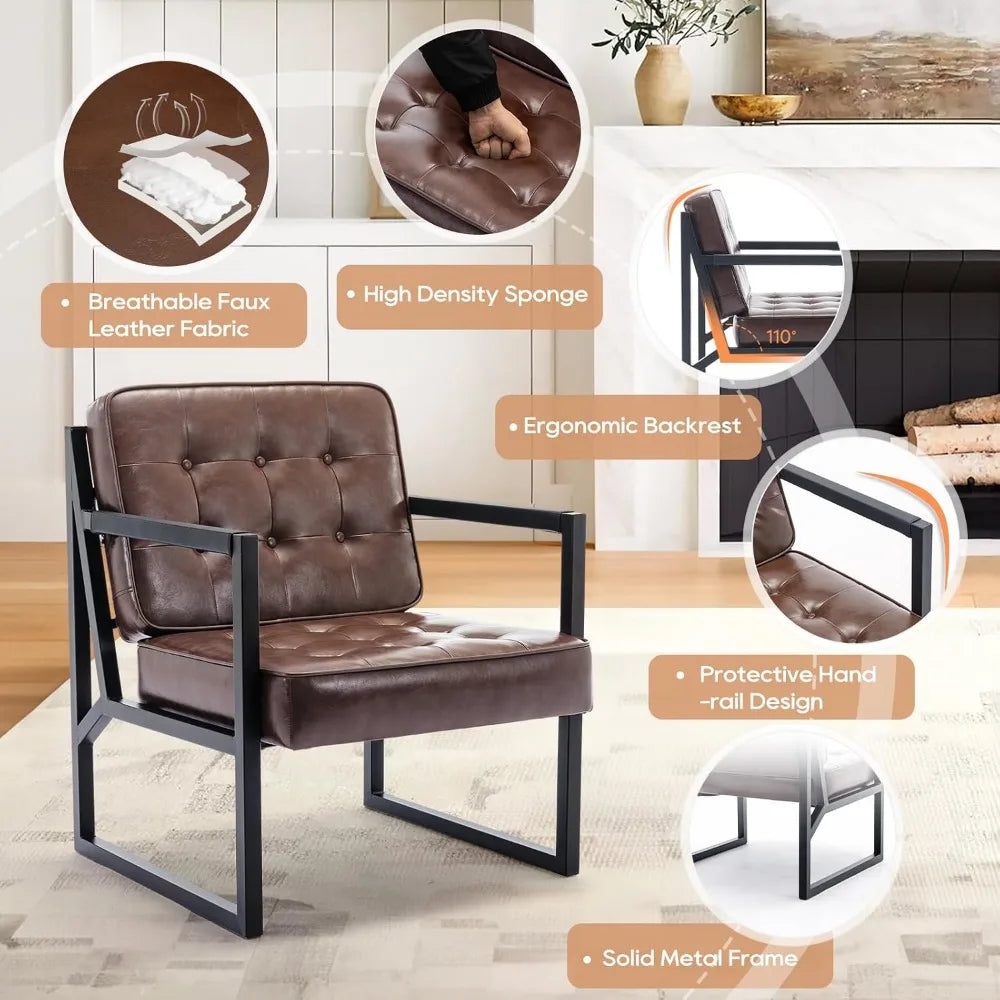 Mid Century Modern Accent Chair, Comfortable Brown Leather, Metal Legs for Various Rooms
