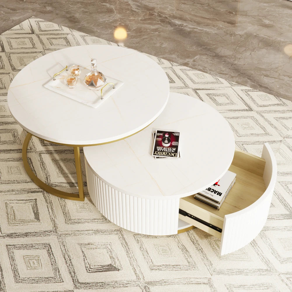 Modern Round Fluted Nesting Coffee Table With Storage Drawer