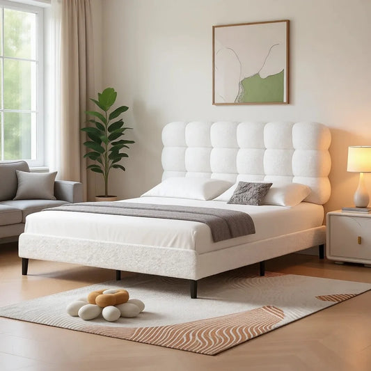 Full Size Upholstered Platform Bed Frame with Soft Fabric Headboard, Wooden Slats Support, No Box Spring Needed