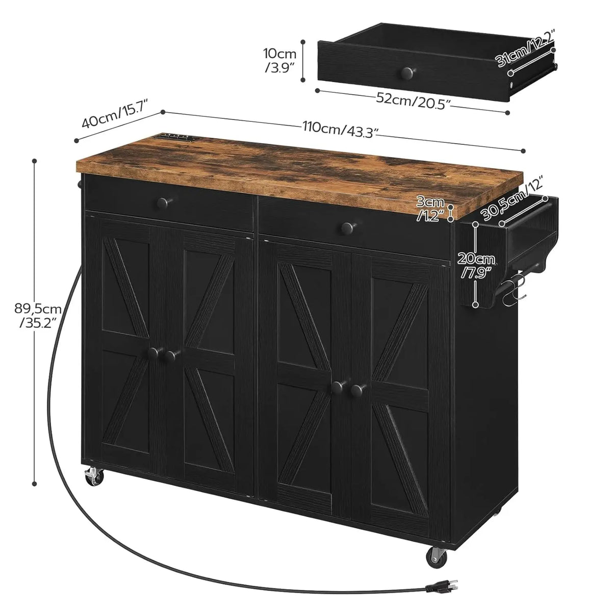 Kitchen Island With Power Outlet Rolling Cart With Storage Hooks