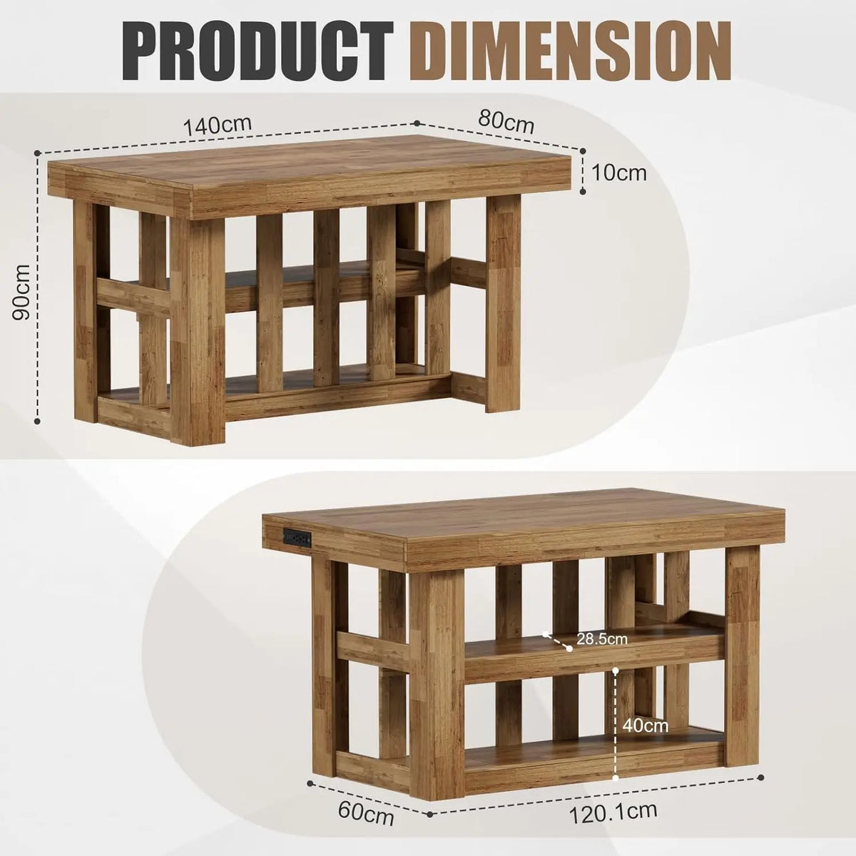 Kitchen Island With Storage And Power Outlets 3-Tier Wood Table