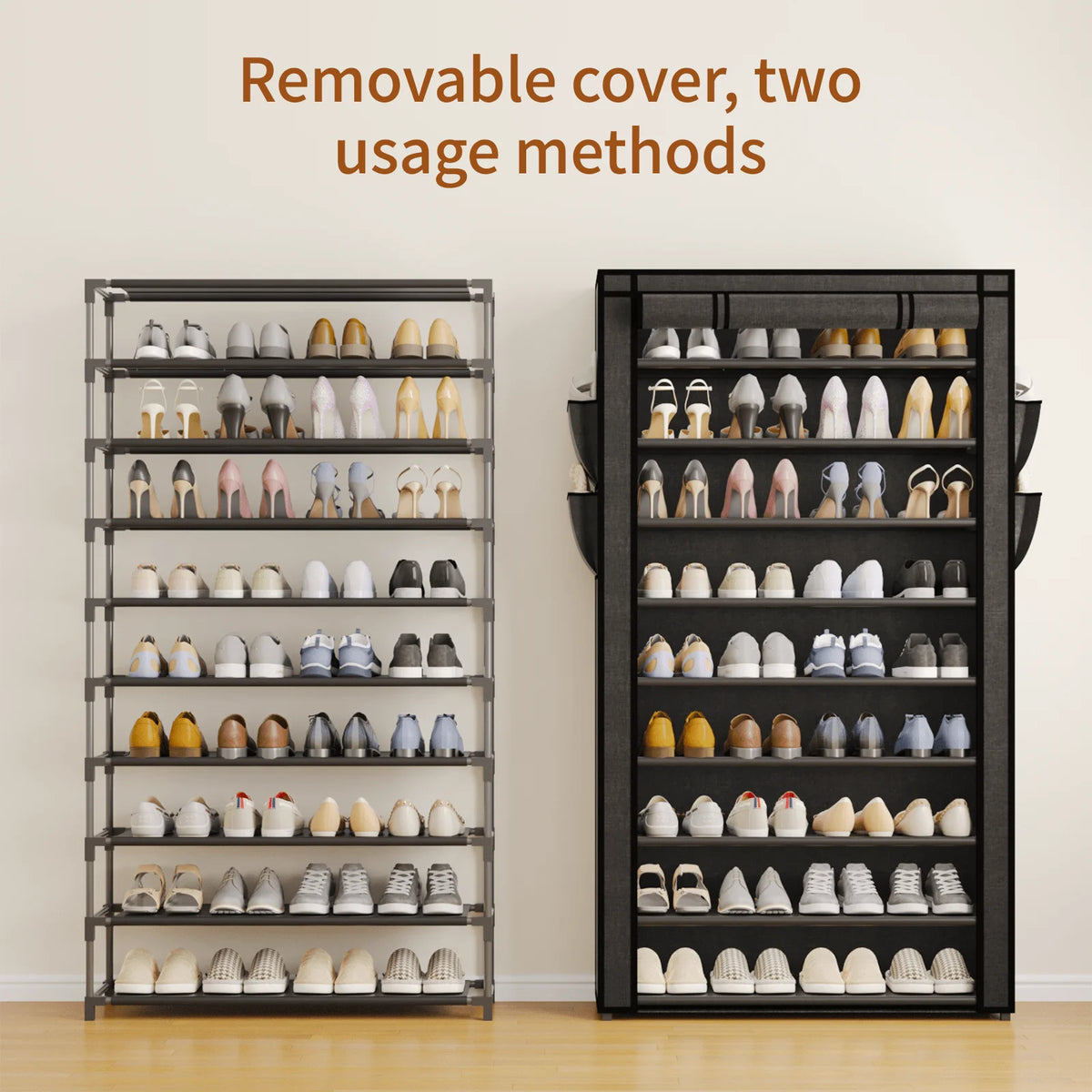 10-Tier Shoe Rack Organizer, 50+ Pairs Tall Dustproof Shoe Storage Cabinet, Multi-Functional Standing Shelf for Entryway Closet Dormitory, Easy Assembly Space Saver Black/Grey