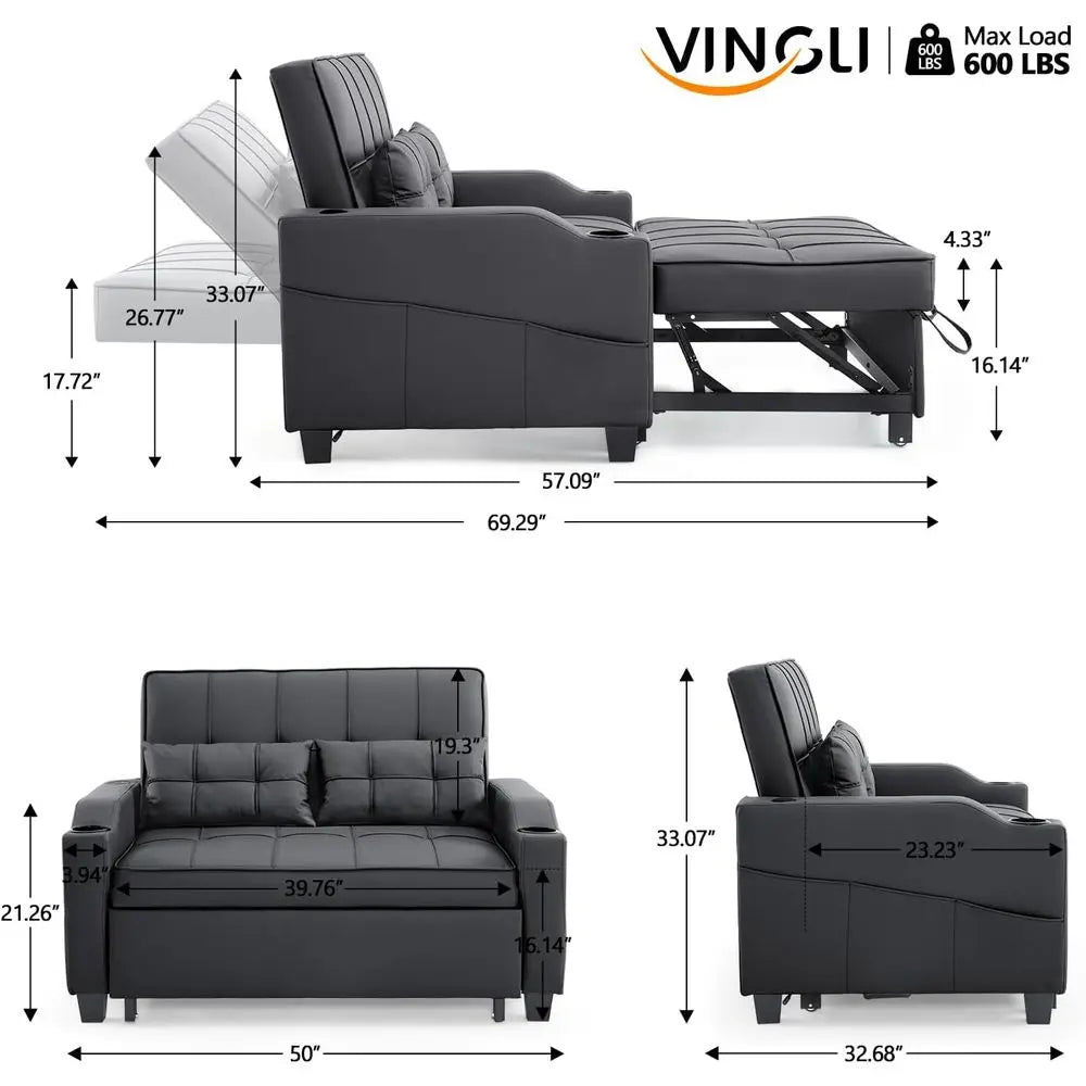Convertible Loveseat Sleeper Sofa Bed With USB And Cup Holders