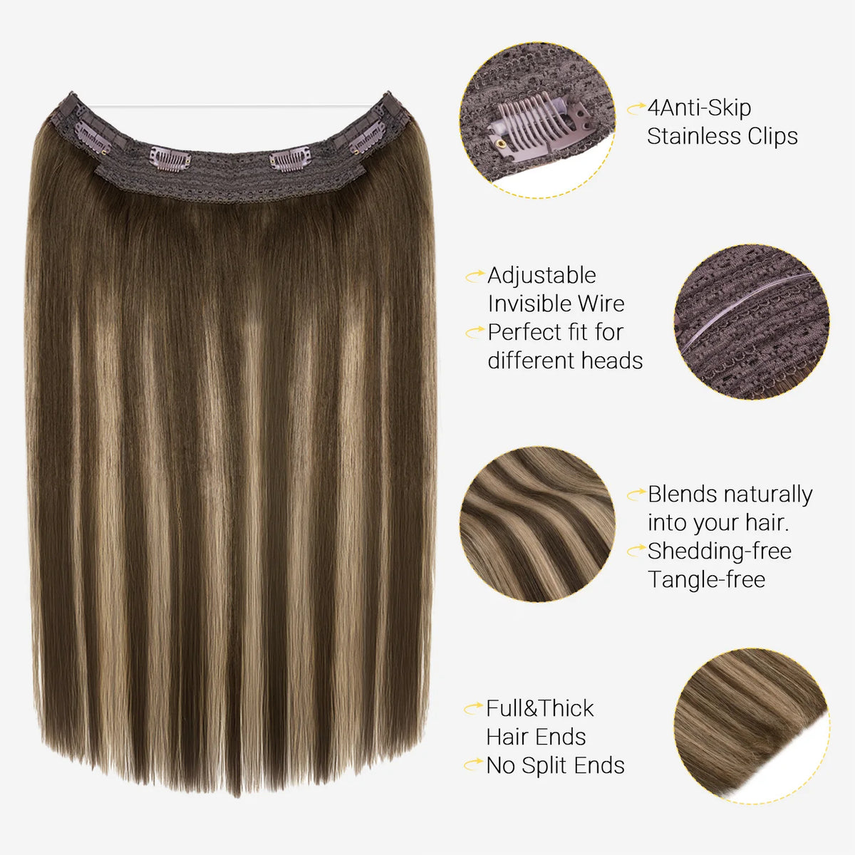 Sunmofavo Wire in Hair Extensions, Real Human Fish Line Hair Strands with 4 Clips,Easy and Quick Application for Starters to Add Hair Volume,  Chocolate Golden Brown Ombre, Free for Dyeing and Heat Styling, Create Perfect Hai