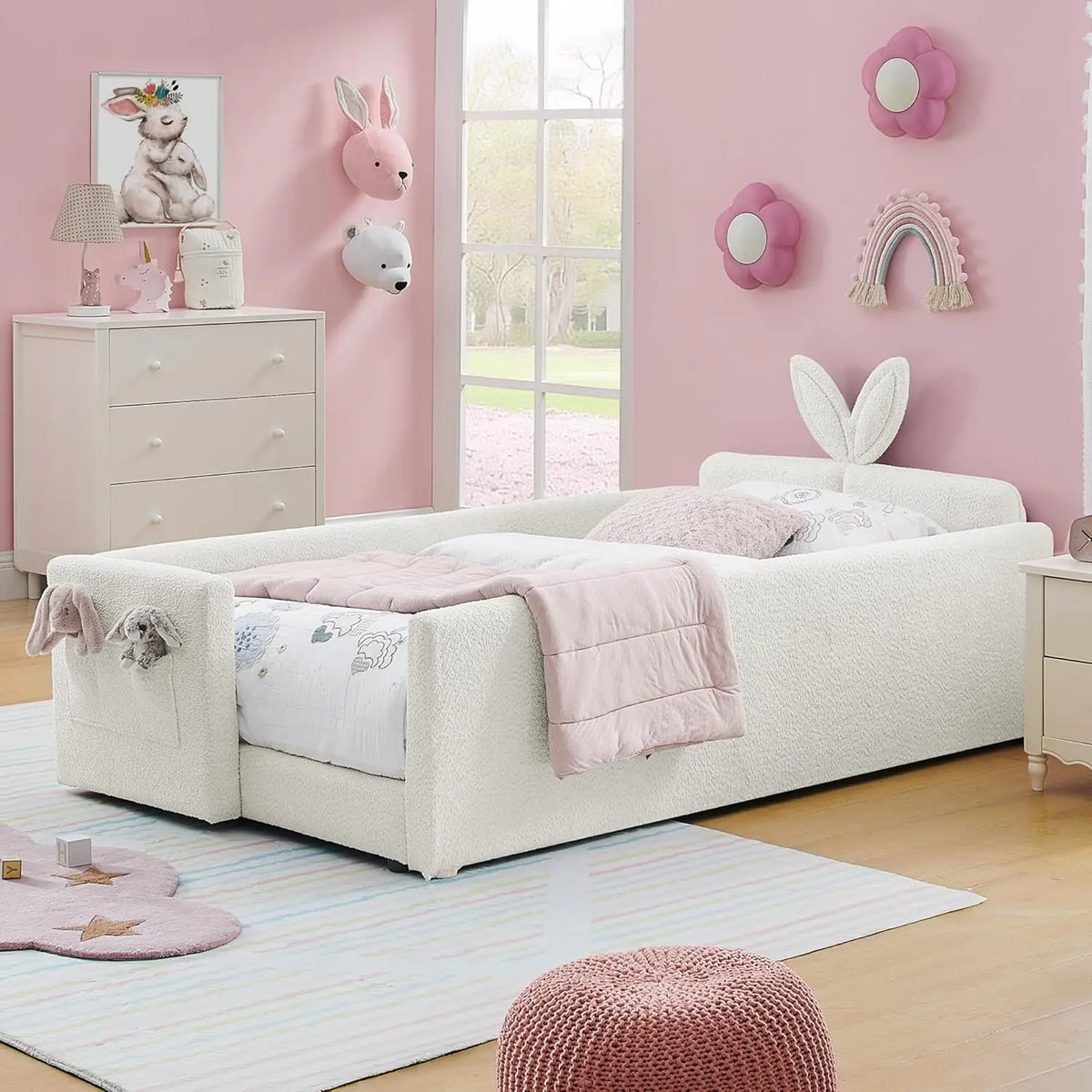 Twin Size Platform Bed,Boucle Upholstered Rabbit Ear Headboard with Pocket & Guardrail for Kids Room,Beige,Customized