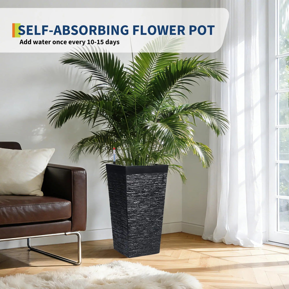 22.5'' Tall Planters Set Of 2, Self Watering Outdoor Indoor Front Porch Planter Pots With Drainage Holes & Water Monitor System