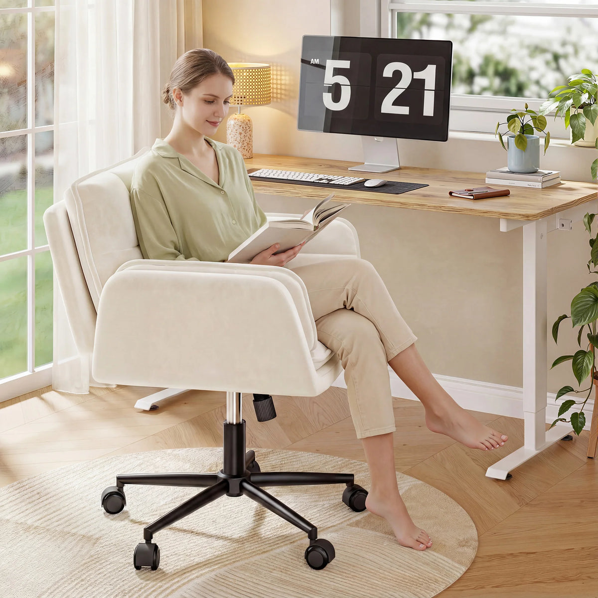 Criss Cross Chair with Wheels, Ergonomic Office Chair with Flip Armrests, Pet-Friendly Vanity Chair for Bedroom Makeup Room