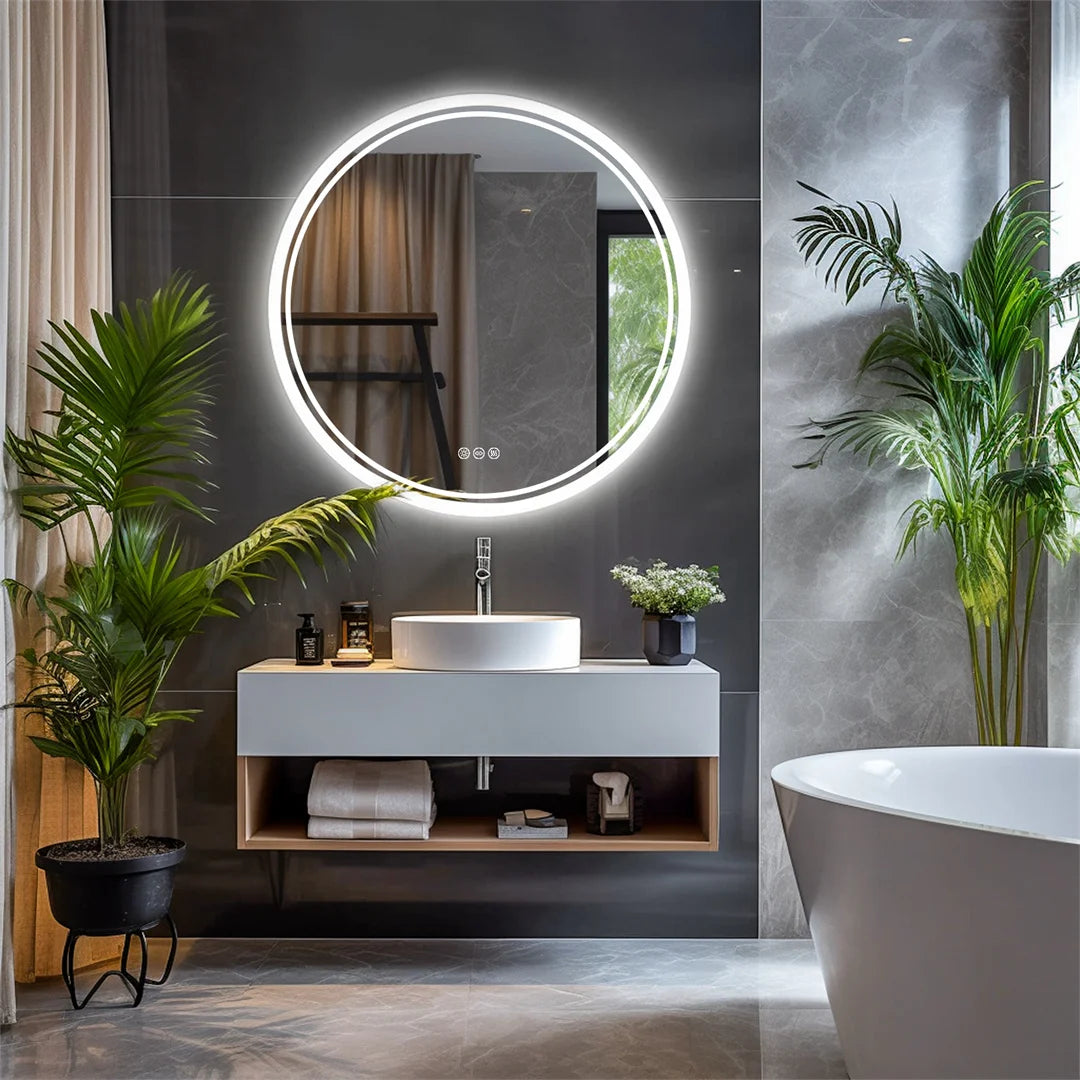 LUVODI Round Bathroom Mirror With Intelligent Dimmable Anti Fog LED