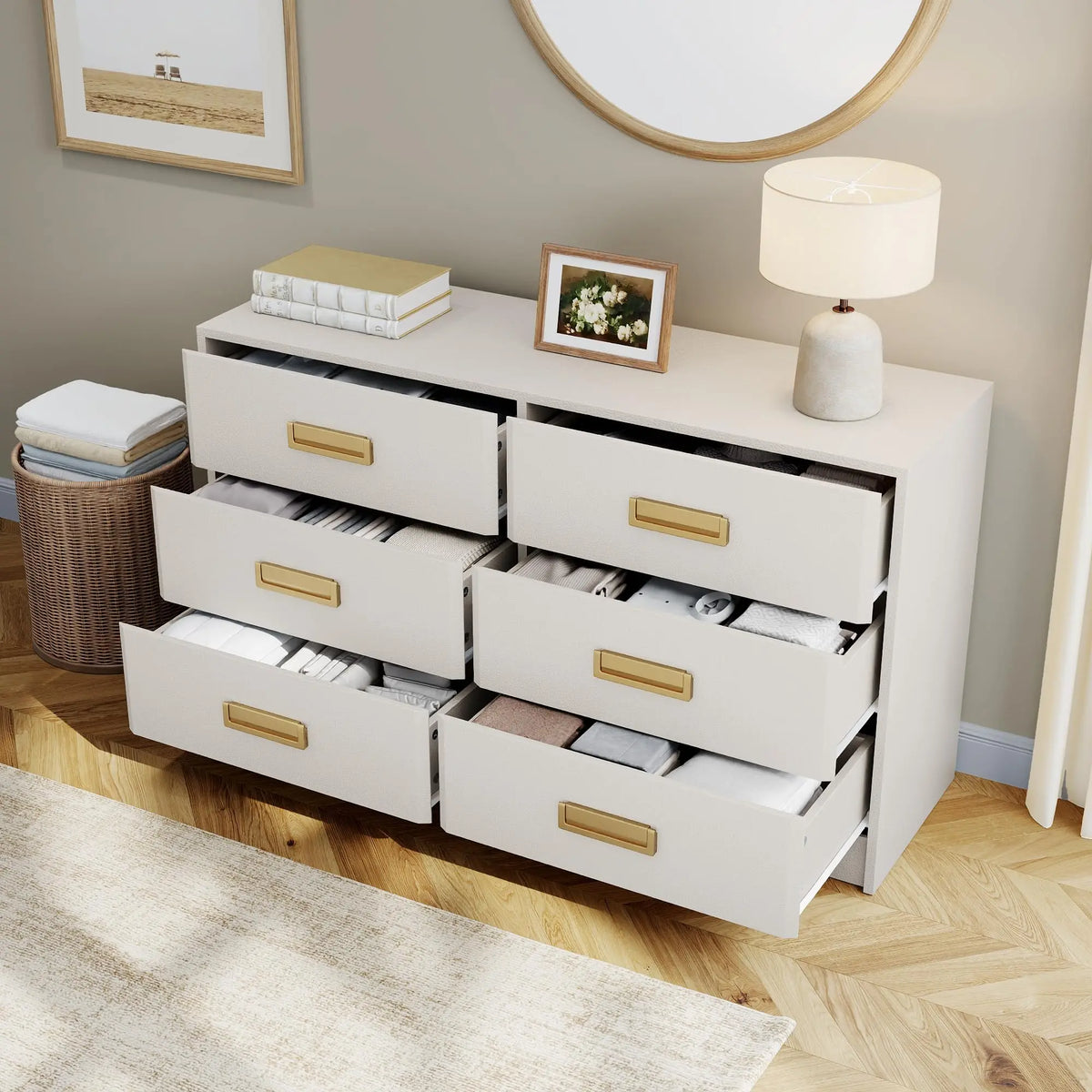 GAOMON Modern Wide Dresser With Six Drawers And Metal Handles