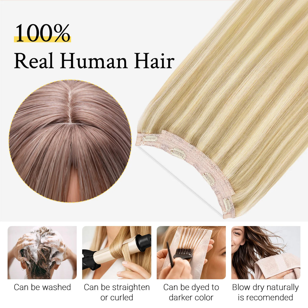 Sunmofavo Invisible Wire Halo Hair Extensions 100% Remy Human Hair Fish Line with 4 Anti-slip Secure Clips Golden Blonde Highlights Seamless Hairpiece for Women Daily Party Occasion Wear Instant Volume