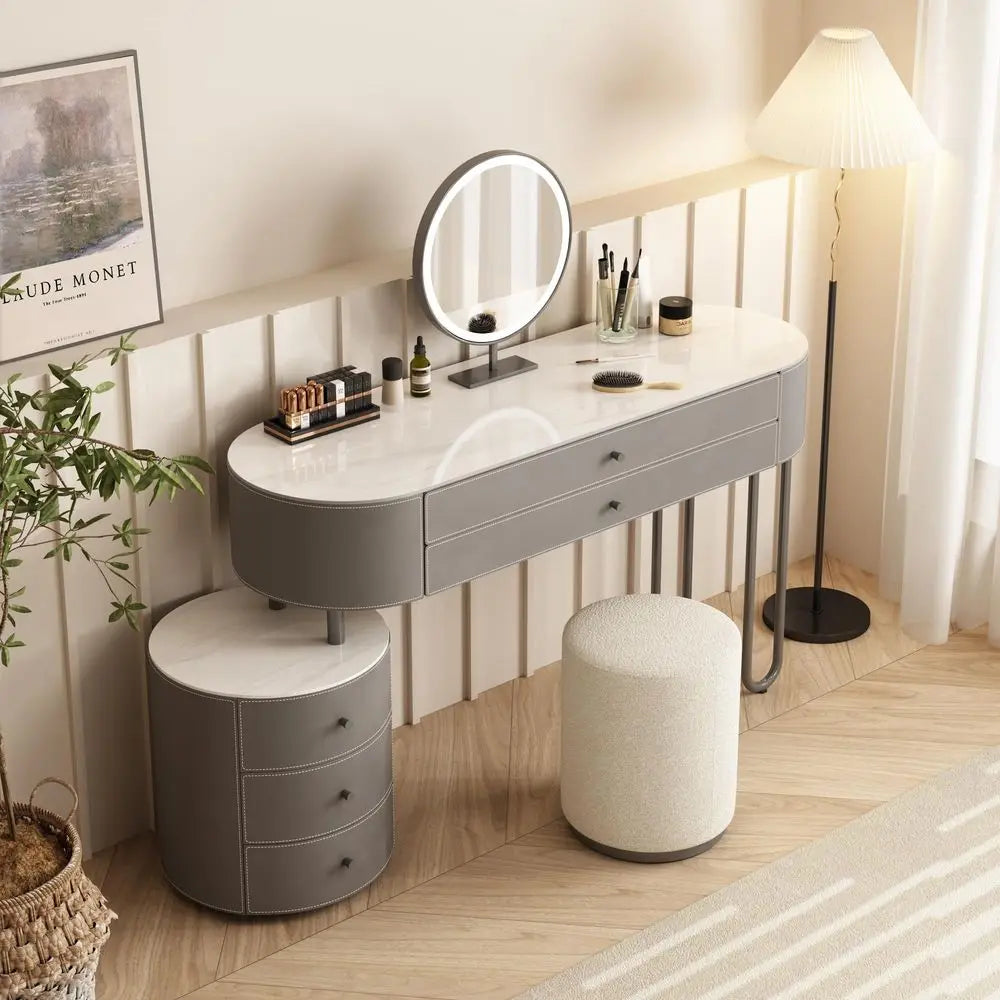 XMSJ Vanity Table And Stool Set With Saddle Leather Finish