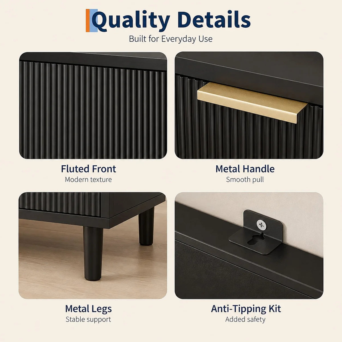Fluted 6 Drawer Dresser with Metal Legs Wide Storage Cabinet Wood Chest of Drawers Anti Tipping Design Bedroom Living Room Hallway Organizer