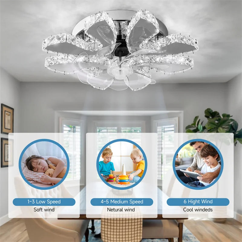 GreeLustr Remote Control Crystal Ceiling Fan Light With Retractable Blades