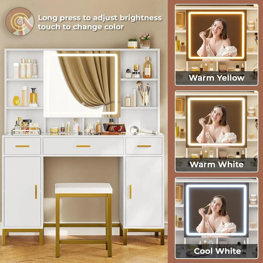 Vanity Desk With Lighted Mirror, Glass Top And Charging Station