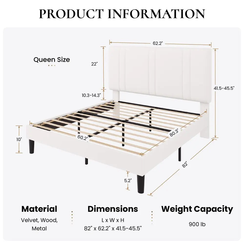 XMSJ Velvet Upholstered Bed Frame With Adjustable Headboard Traditional Style