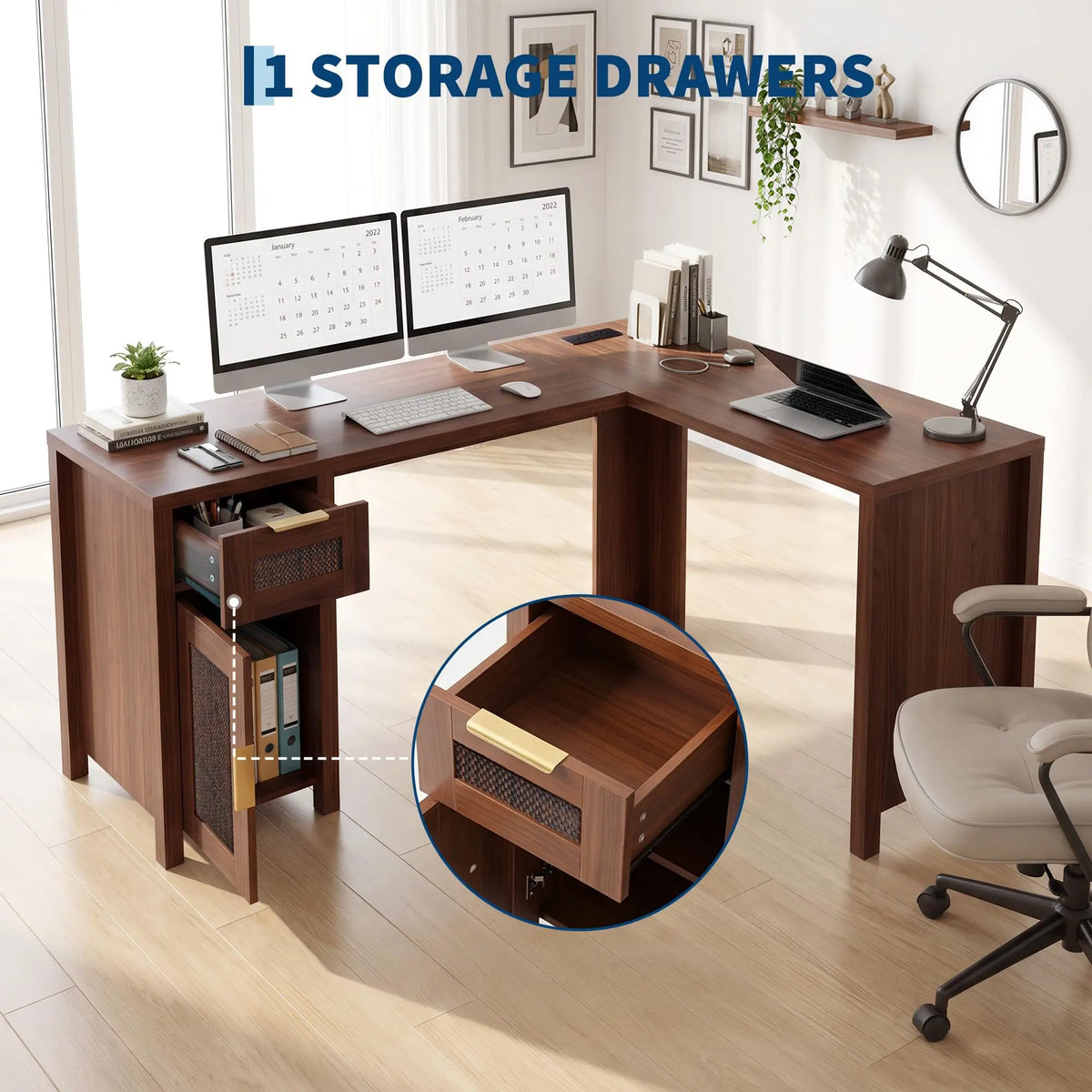 HiMISS Modern L Shaped Office Desk With Storage Shelves