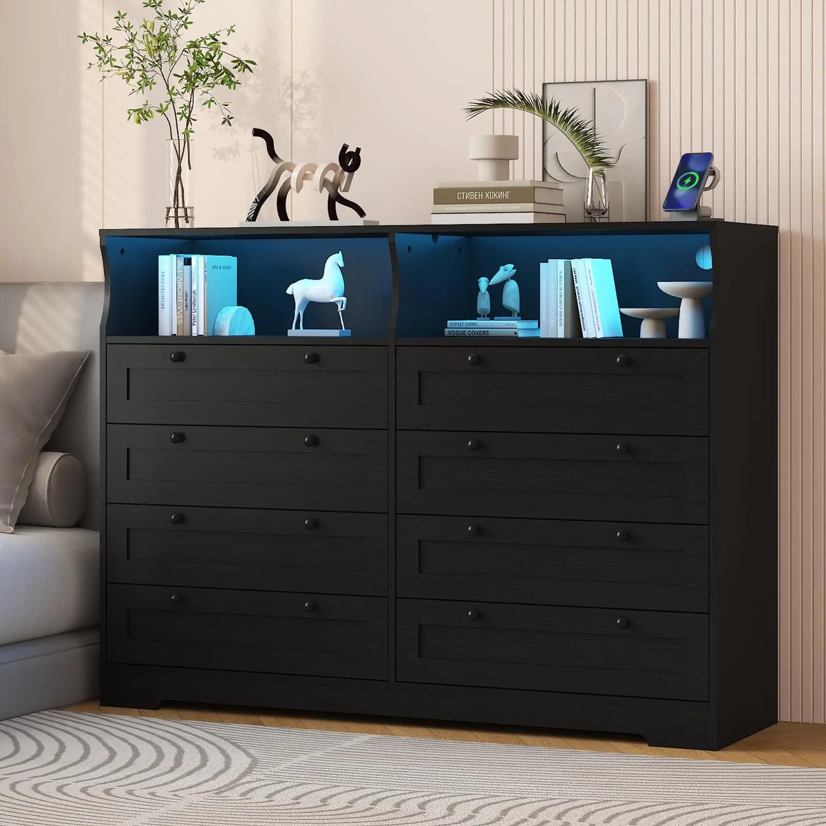 8 Drawer White Wood Dresser With LED Lights, Charging Station & Open Shelves, TV Stand For Bedroom, Living Room, Entryway