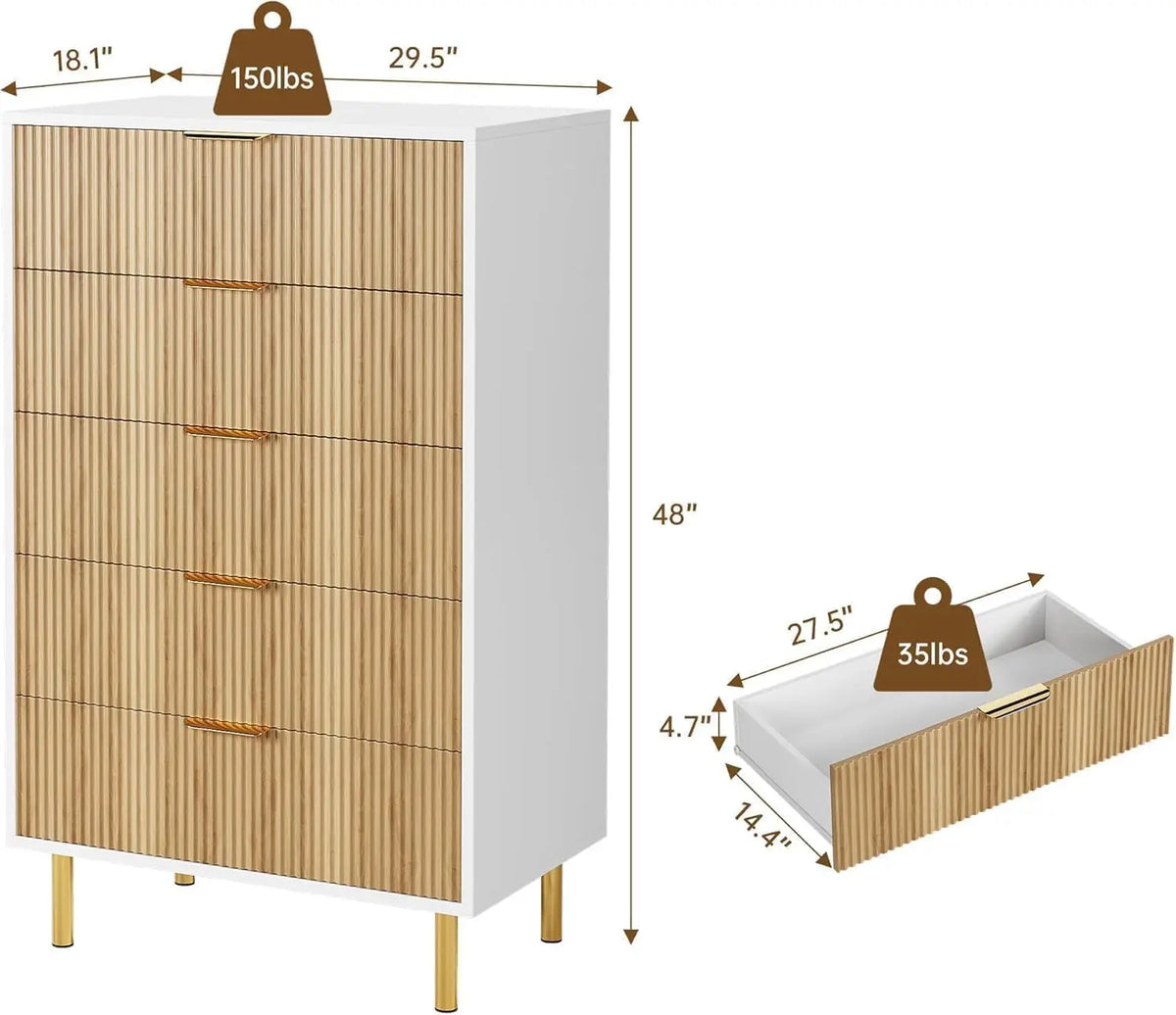 Fluted 5 Drawer Bedroom Dresser 48 Inch Metal Leg Wooden Cabinet | Groove Facade Anti Topple Safe Storage Smooth Drawer Slide Polished Hardware Elevated Base Household Dresser