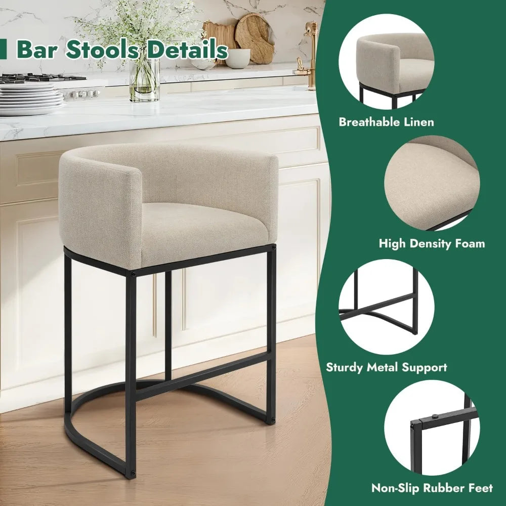 Fabric Upholstered Bar Stools With Metal Legs For Kitchen Seating