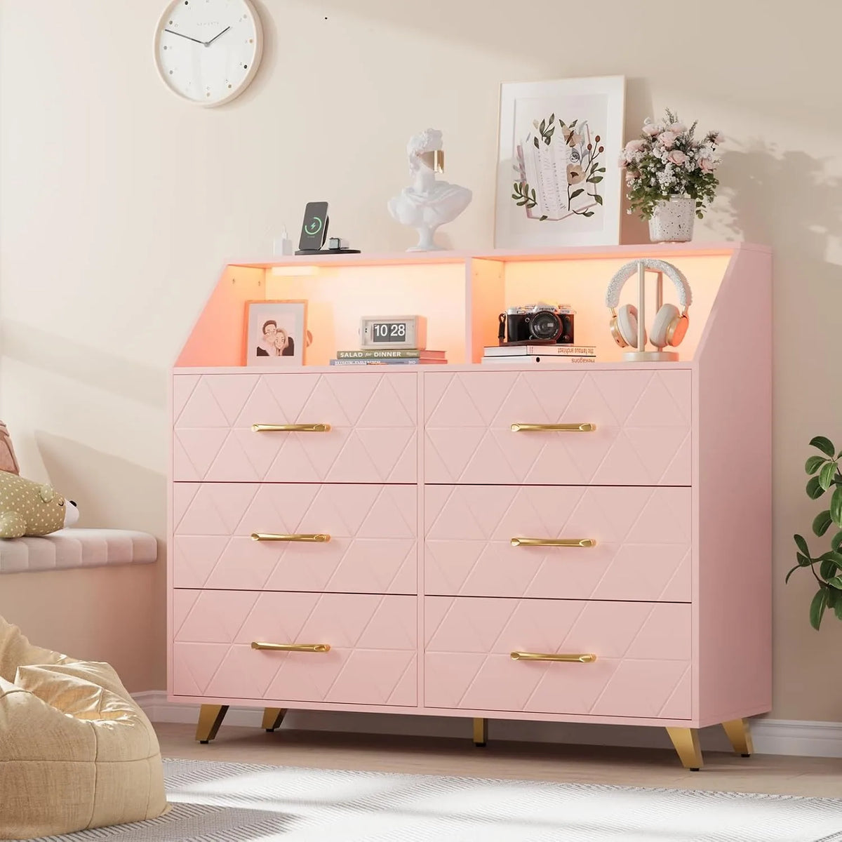 Modern 6 Drawer Dresser with LED Lights Charging Station Pink Wood Storage Cabinet Bedroom Chest of Drawers with Metal Legs Entryway Organizer